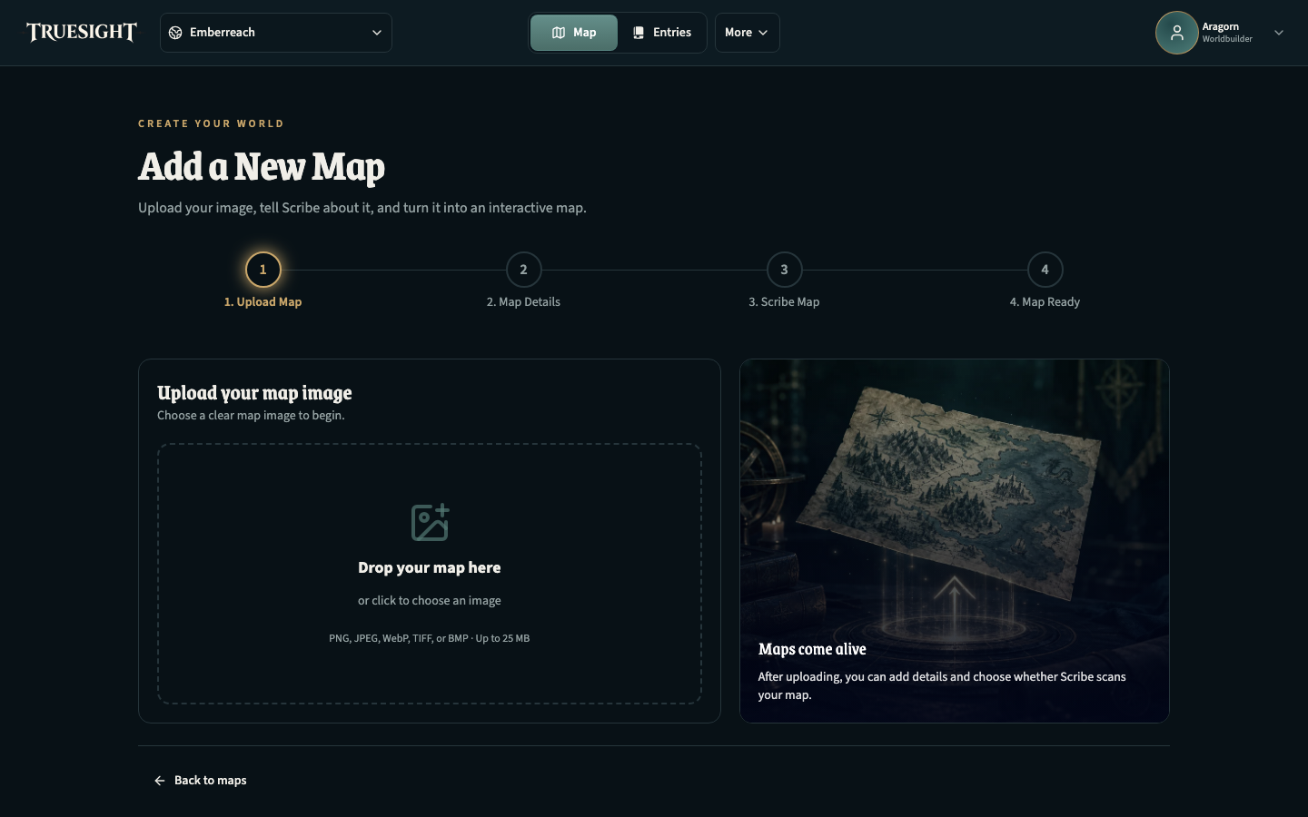 Add a New Map, showing the image upload area and the Upload Map, Map Details, Scribe Map and Map Ready steps.