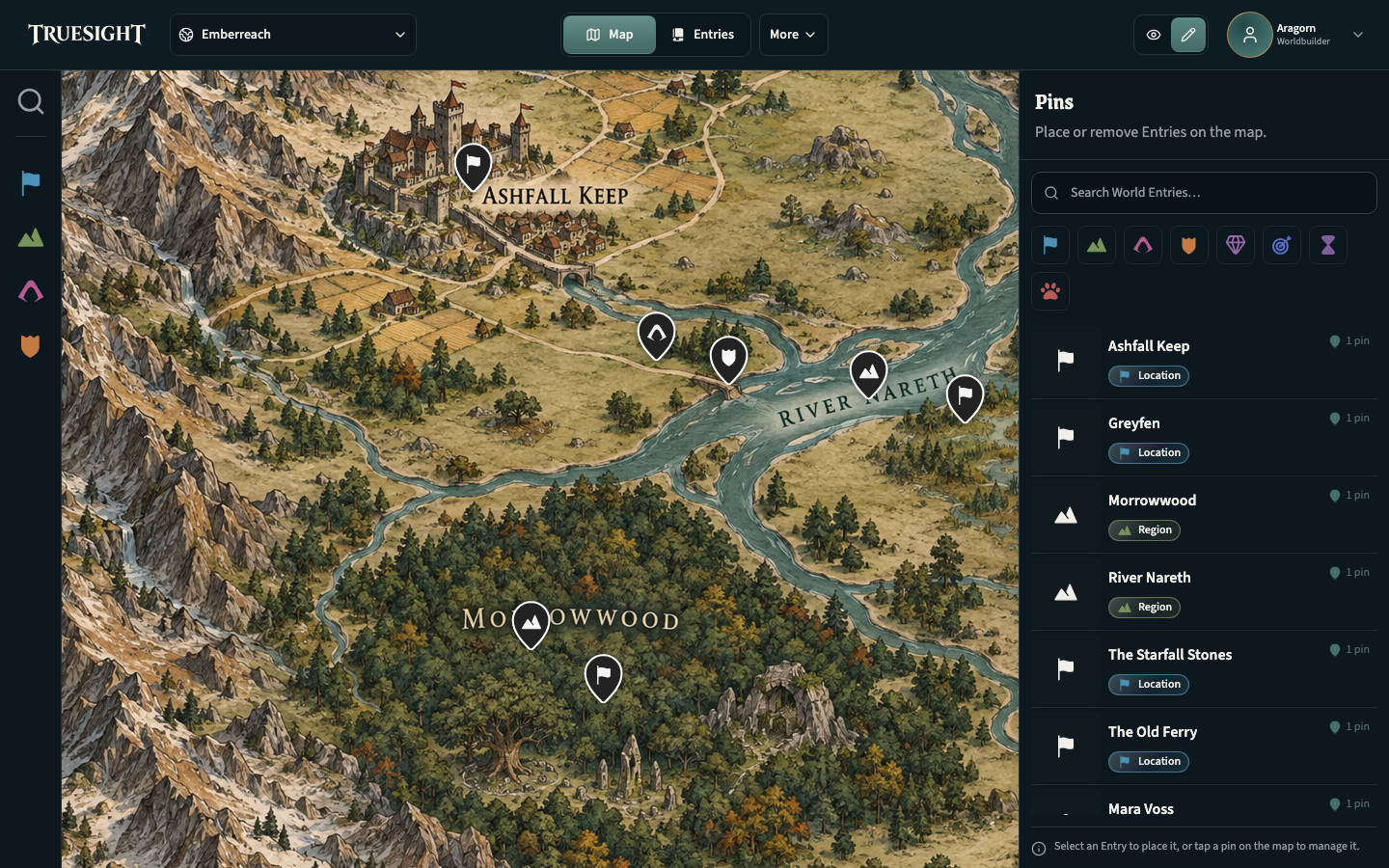 The Emberreach map with named places, geographic labels and pins linked to Entries.