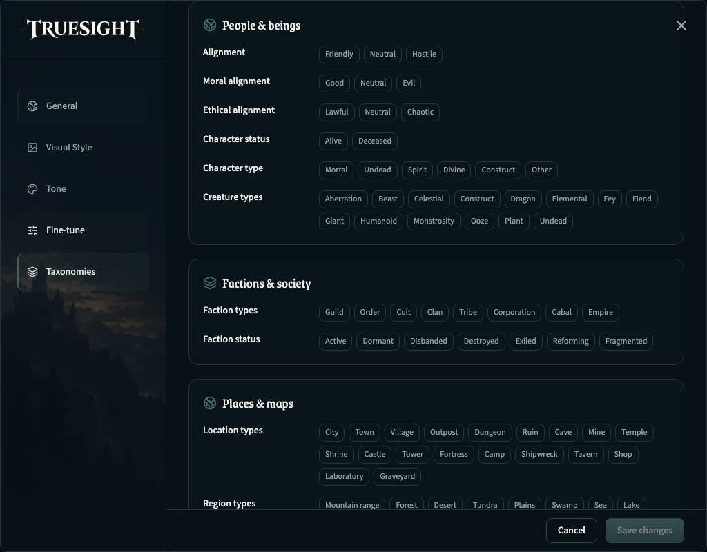 World settings with the Taxonomies tab selected, showing shared classification fields and their values.